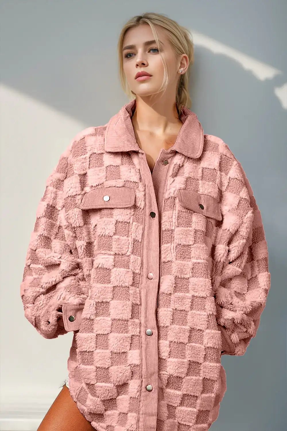 Double Take Button Up Fuzzy Checkered Shacket - Bela Fils BoutiqueBela Fils Boutique